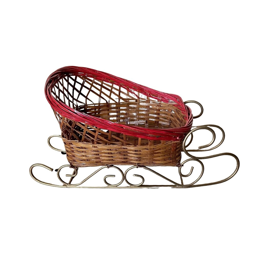 Vintage Wicker Christmas Sleigh with Gold Metal Runners and Red Trim